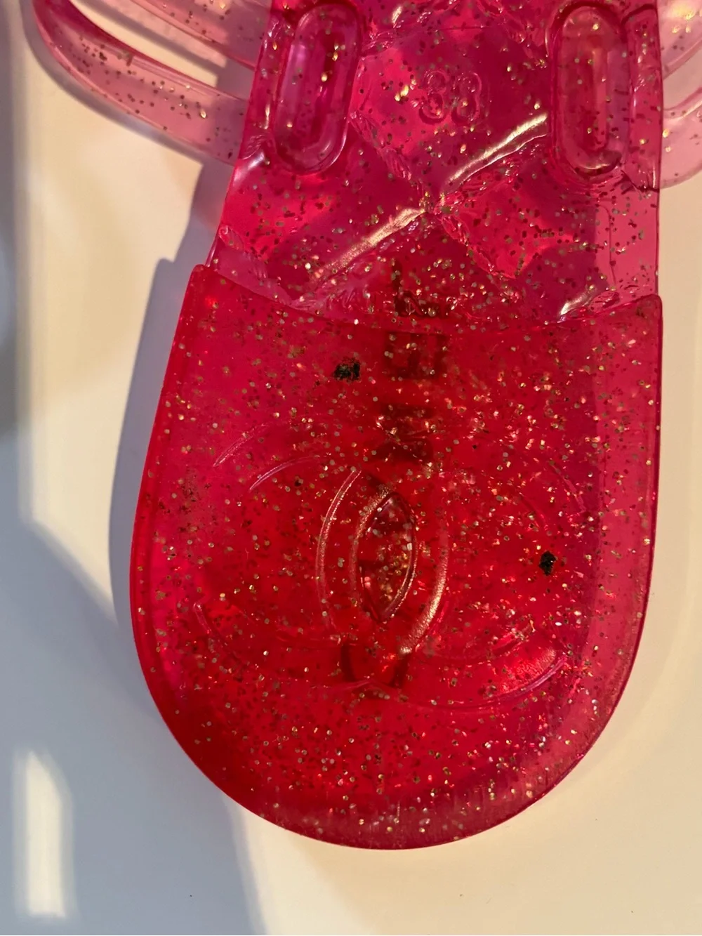 CHANEL Pink Glitter Jelly Sandals with Camellia Accent